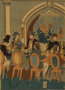 Banquet of five nations (Yokohama club), 1861. Artist: Utagawa, Yoshitomi (active 1850-1870)