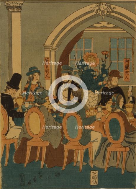 Banquet of five nations (Yokohama club), 1861. Artist: Utagawa, Yoshitomi (active 1850-1870)