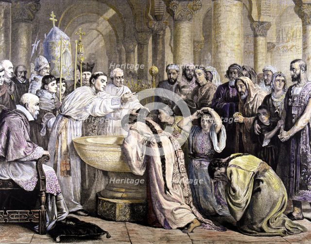 Baptism of the Moorish of Granada in 1500, copy of the painting of Edwin Long. Colored engraving …