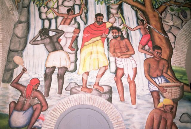 Baptism of a native and agricultural scenes, mural preserved in the Cathedral of Port Prince, bui…