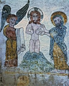 Baptism of Christ fresco in the treasury room of the cathedral of San Vicente Martyr in Roda …