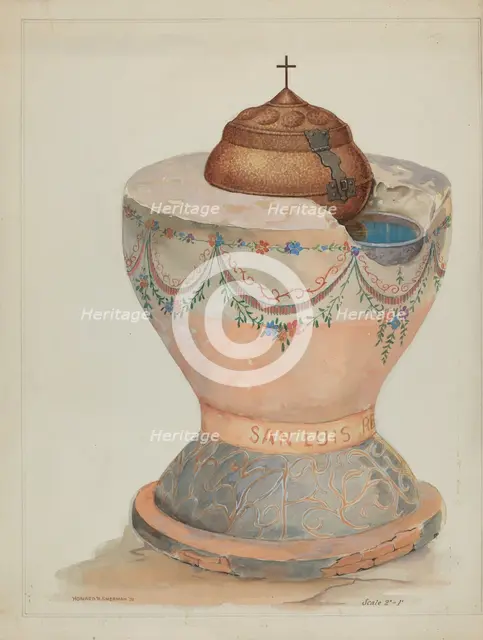 Baptismal Font at San Luis Rey Mission Church, 1936. Creator: Howard H. Sherman.