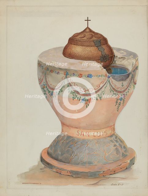 Baptismal Font at San Luis Rey Mission Church, 1936. Creator: Howard H. Sherman.