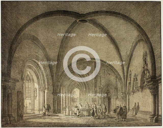 Baptismal Hall and Cloisters in the Cathedral at Mainz, from Collection of Memorable..., 1823. Creator: Domenico Quaglio II.