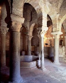 Baptistery of San Miguel de Egara in Terrassa, interior view with columns arranged around the font