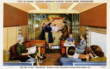 Bar car on the City of Miami streamliner train, USA, 1941