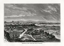Barcelona, seen from the Castle of Monjui Spain, 1879. Artist: Laplante