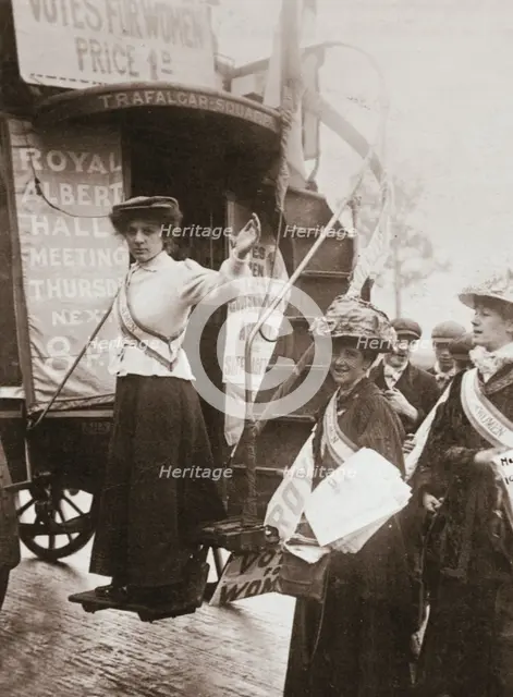 Barbara Ayrton, British suffragette, campaigning on the Votes for Women bus, October 1909.  Creator: Unknown.