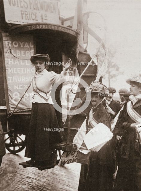 Barbara Ayrton, British suffragette, campaigning on the Votes for Women bus, October 1909.  Creator: Unknown.