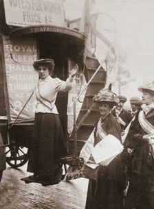 Barbara Ayrton, British suffragette, campaigning on the Votes for Women bus, October 1909. Creator: Unknown