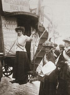 Barbara Ayrton, British suffragette, campaigning on the Votes for Women bus, October 1909
