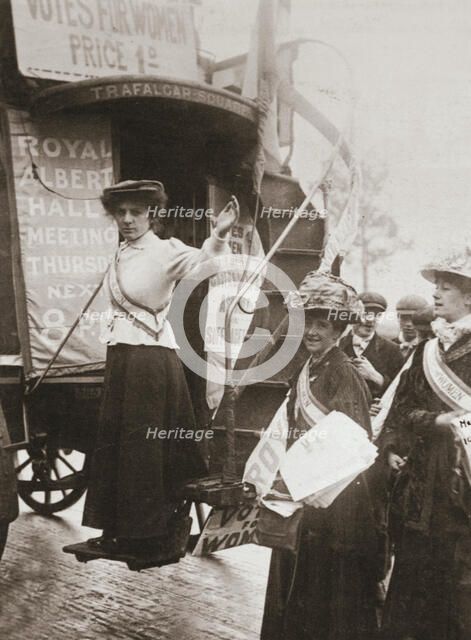 Barbara Ayrton, British suffragette, campaigning on the Votes for Women bus, October 1909. Artist: Unknown