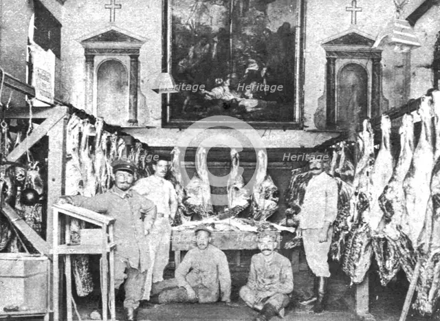 'Barbarie; Les methodes Allemandes; Une chapelle du Nord convertie en boucherie militaire... 1914. Creator: Unknown.