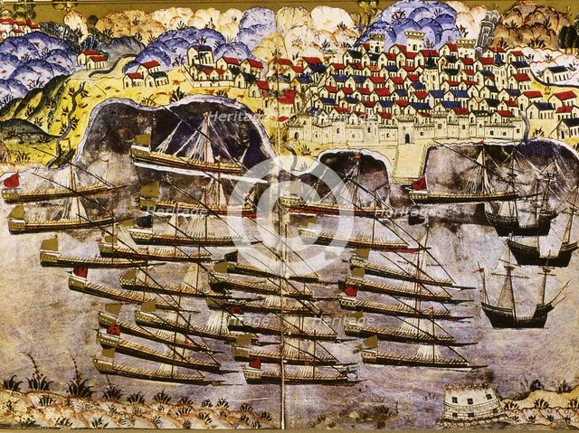 Barbarossa's fleet wintering in the French harbour of Toulon, 1543, Mid of 16th century. Artist: Nasuh, Matrakci (1480-c. 1564)