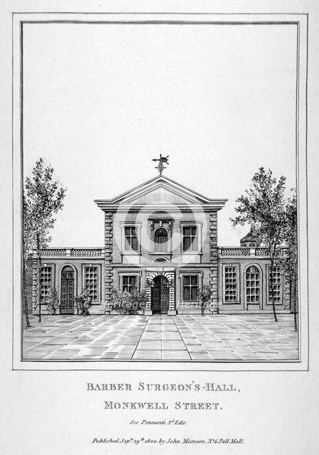 Barber Surgeons' Hall, Monkwell Street, City of London, 1800.                           Artist: Anon