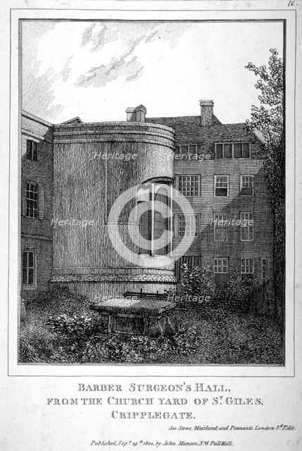 Barber Surgeons' Hall , Monkwell Street, City of London, 1800                                        Artist: Anon
