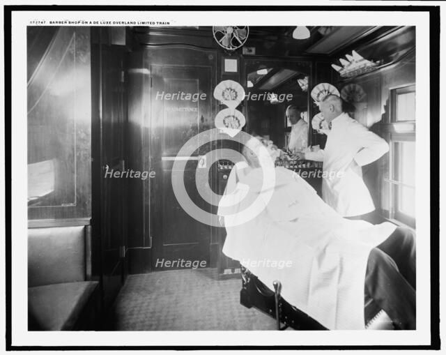 Barber shop on a deluxe overland limited train, between 1910 and 1920. Creator: Unknown.