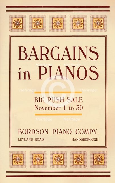 'Bargains in Pianos - Bordson Piano Company's advert', 1916. Artist: Unknown.