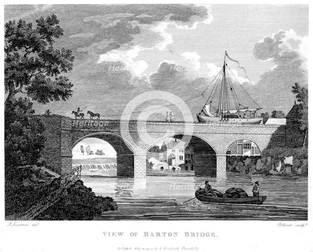 Barge crossing the Barton aqueduct over the Irwell, Salford, Greater Manchester, c1794. Creator: Robert Pollard.