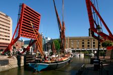 Barge passing through St Katherine's Lock, London. Creator: Peter Thompson