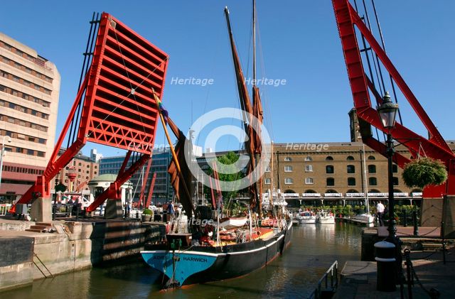 Barge passing through St Katherine's Lock, London. Creator: Peter Thompson.