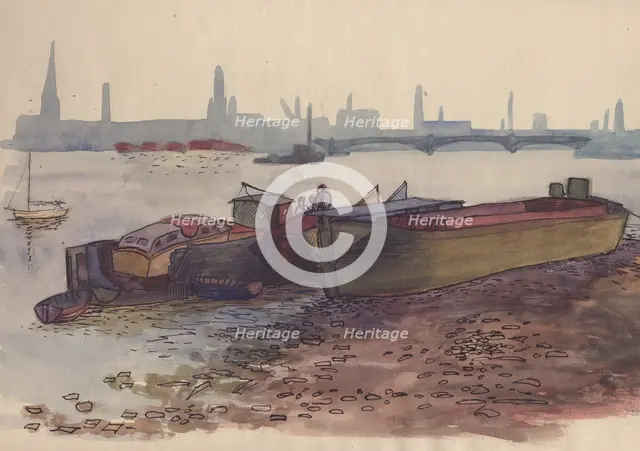 Barges on the Thames in London, 1951. Creator: Shirley Markham.