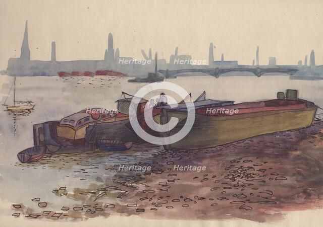 Barges on the Thames in London, 1951. Creator: Shirley Markham.