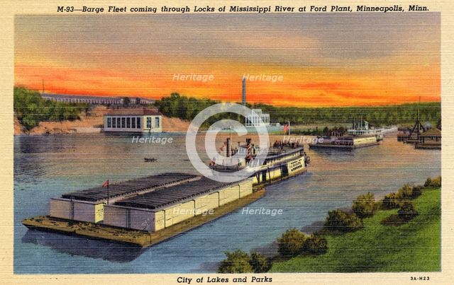 Barges on the Mississippi River at the Ford Plant, Minneapolis, Minnesota, USA, 1933. Artist: Unknown
