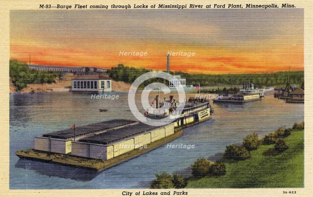 Barges on the Mississippi River at the Ford Plant, Minneapolis, Minnesota, USA, 1933. Artist: Unknown
