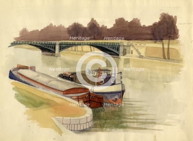 Barges on the River Thames near Battersea Bridge, London, c1951.  Creator: Shirley Markham.