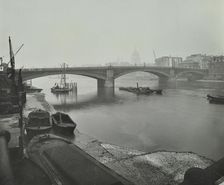 Barges at Bankside, looking upstream towards Southwark Bridge, London, 1913