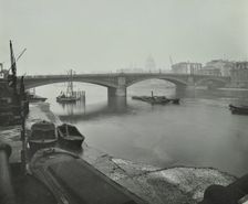 Barges at Bankside, looking upstream towards Southwark Bridge, London, 1913