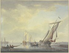 Barges lie on the beach; a boat with many people, including some military personnel, is sailing... Creator: Arie Lamme