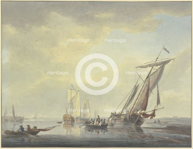 Barges lie on the beach; a boat with many people, including some military personnel, is sailing... Creator: Arie Lamme.