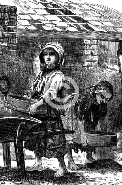 Barefoot girls sifting dust in a brickyard, 1871. Creator: Unknown.
