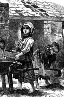 Barefoot girls sifting dust in a brickyard, 1871. Creator: Unknown