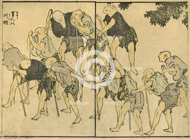 Barefoot elderly men with walking sticks, 1820, (1924).  Creator: Hokusai.