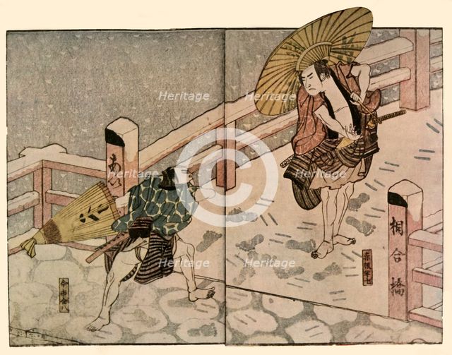 Barefoot men with parasols in the snow, 1811, (1924).  Creator: Naniwa Shunkosai.