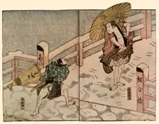 Barefoot men with parasols in the snow, 1811, (1924). Creator: Naniwa Shunkosai