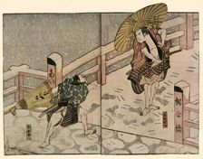 Barefoot men with parasols in the snow, 1811, (1924). Creator: Naniwa Shunkosai