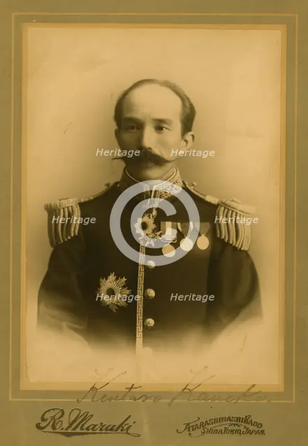 Baron Kentaro Kaneko, half-length portrait, in uniform, facing front graphic /, c1905. Creator: Maruki Riyo.