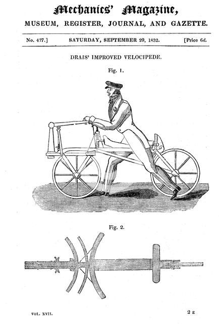 Baron von Drais's bicycle (Draisienne). Exhibited Paris 1818. Artist: Baron von Drais