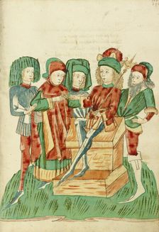 Barochias is Enthroned as King and Receives the Royal Ring; Barlaam und Josaphat, 1469. Creators: Hans Schilling, Diebolt Lauber