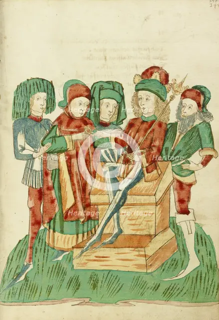Barochias is Enthroned as King and Receives the Royal Ring; Barlaam und Josaphat, 1469. Creators: Hans Schilling, Diebolt Lauber.