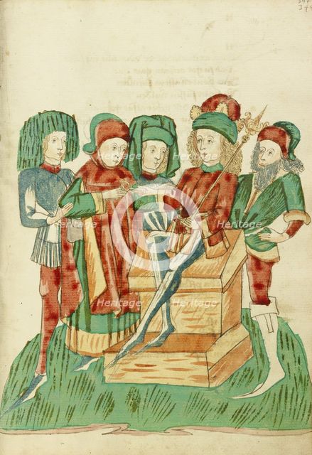 Barochias is Enthroned as King and Receives the Royal Ring; Barlaam und Josaphat, 1469. Creators: Hans Schilling, Diebolt Lauber.