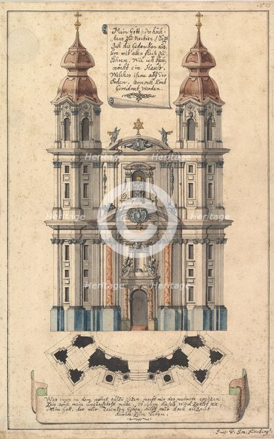 Baroque Church Façade with Obliquely Placed Towers., ca. 1760-70. Creator: Joseph Kirnberger.