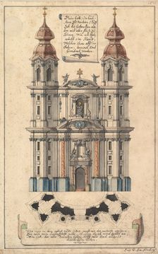 Baroque Church Façade with Obliquely Placed Towers., ca. 1760-70. Creator: Joseph Kirnberger
