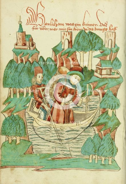 Barlaam, Carrying a Shoulder Pack, Crosses a River; Barlaam und Josaphat, 1469. Creators: Hans Schilling, Diebolt Lauber.
