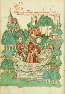 Barlaam, Carrying a Shoulder Pack, Crosses a River; Barlaam und Josaphat, 1469. Creators: Hans Schilling, Diebolt Lauber