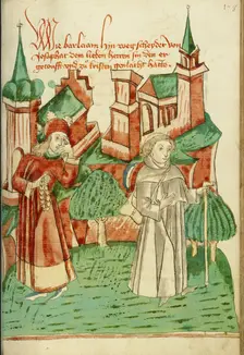 Barlaam Departs as Josaphat Watches him Sadly; Barlaam und Josaphat, 1469. Creators: Hans Schilling, Diebolt Lauber